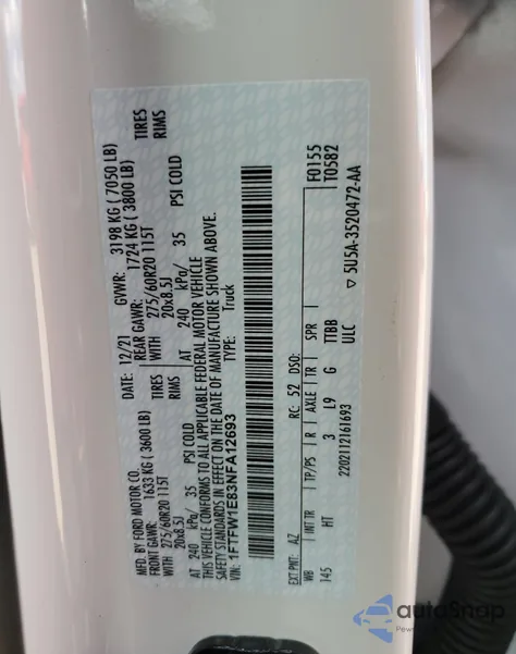 2022 Ford F150 Supercrew из США, поврежденный, VIN 1FTFW1E83NFA12693